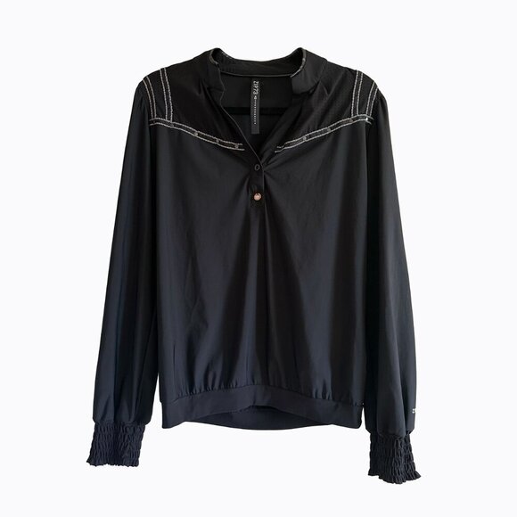 Zip73 Black Studded Top Blouse Sz M Gathered Sleeve Western Goth Boho Cowgirl - Picture 1 of 6